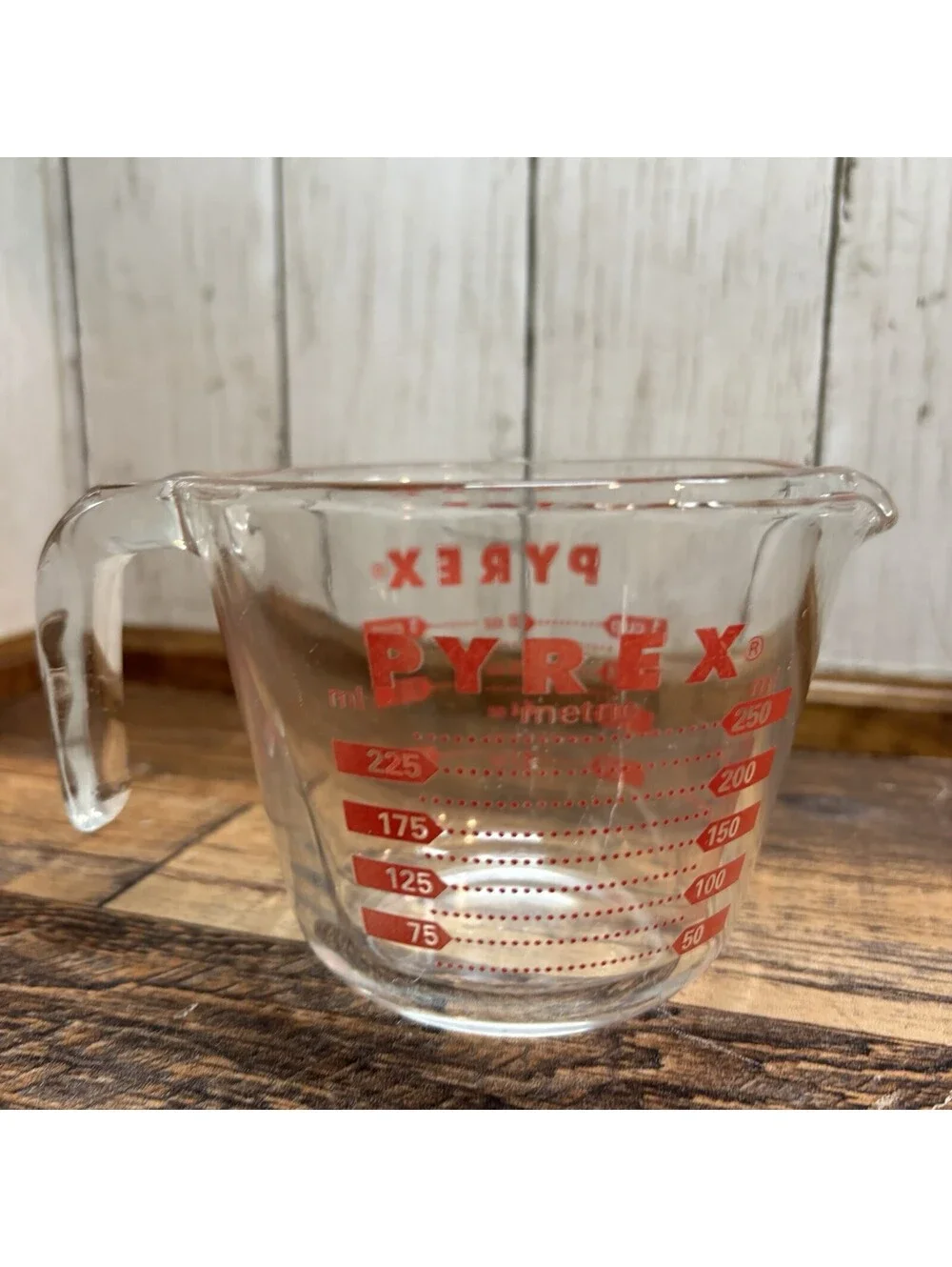 Vintage PYREX One Cup/250ml Measuring Cup Clear Glass Red Lettering J18 USA